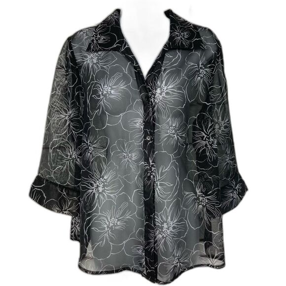 Rebecca Malone Blouse SZ PL Sheer Black and White Floral Lightweight Flowy Fit - Picture 1 of 12